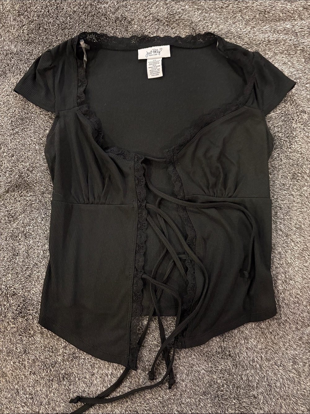 Macy’s Just Polly Black Lace-Up Scoop Ribbed Top
